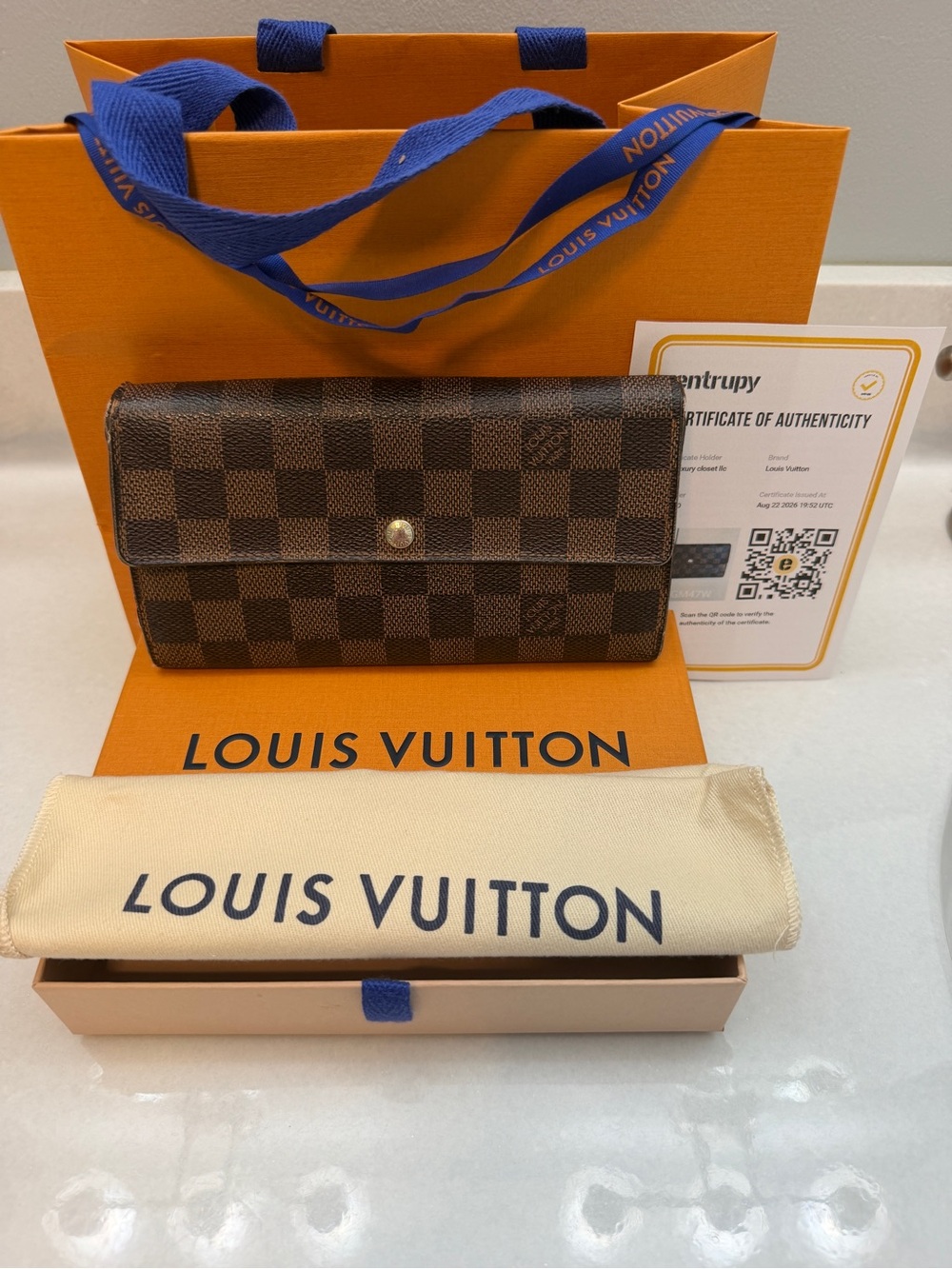 Authentic Louis Vuitton Sarah Wallet – Damier Ebene - Dustbag, Box, Bag, Ribbon